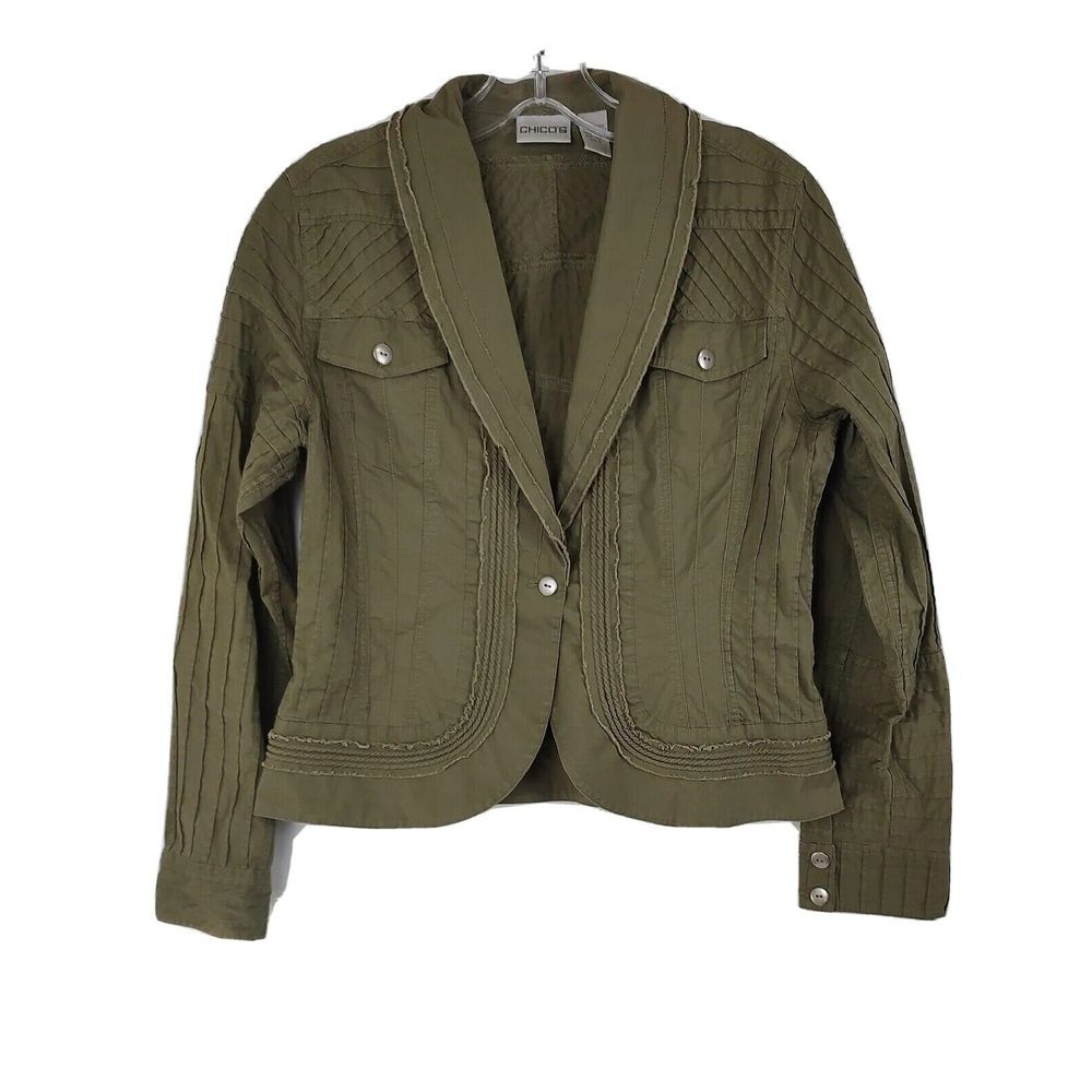 Chico's Olive Green‎ Jacket Textured Cotton Blend Blazer Style Size 0